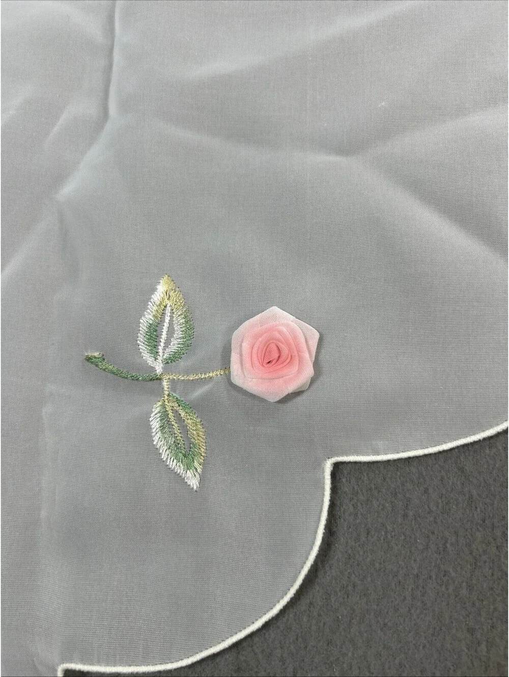 Vintage White Chiffon Swag Window Valance Scalloped Raised Roses Country Country
